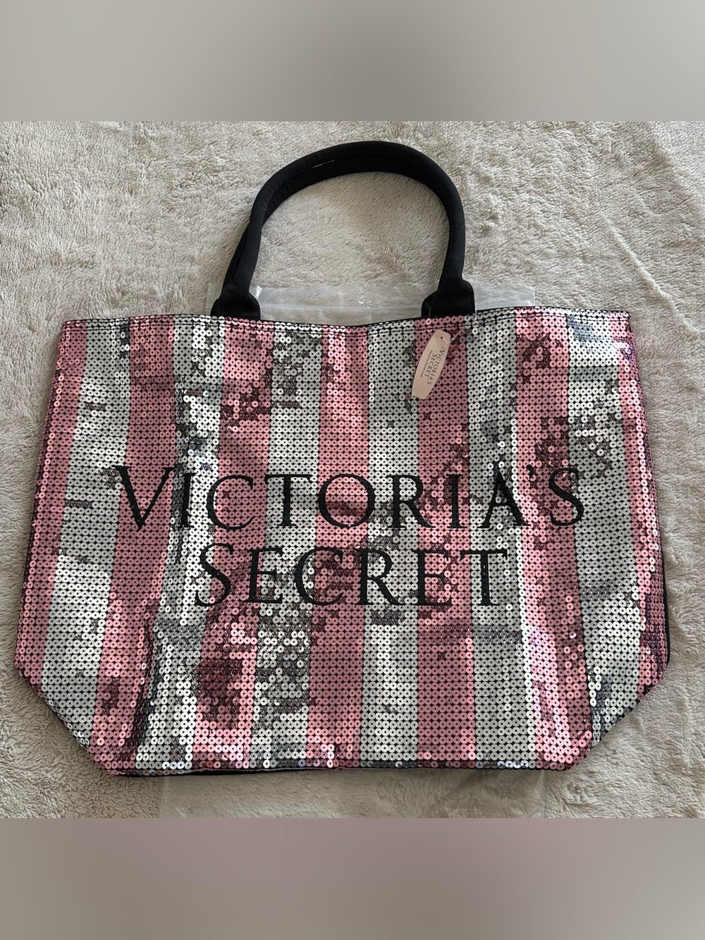 Victoria's Secret Pink and Silver Striped Sequin Tote New NWT